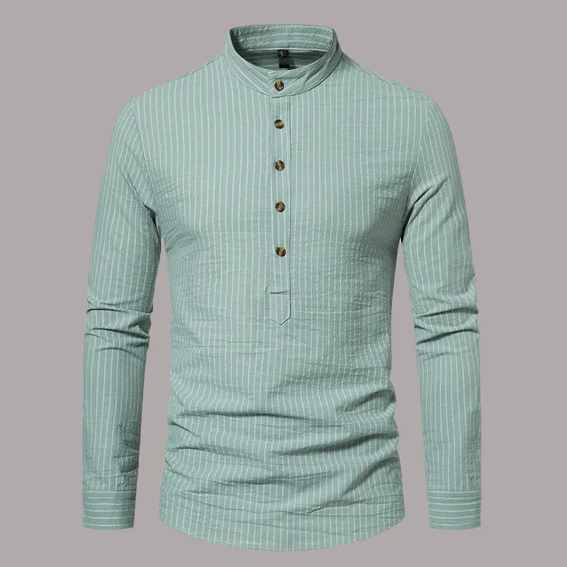 Casual Men's Long Sleeved Striped Henry Collar Shirt Autumn Slim Fit Cotton Business Simplicity Pullover Blouse Men Tops Clothes