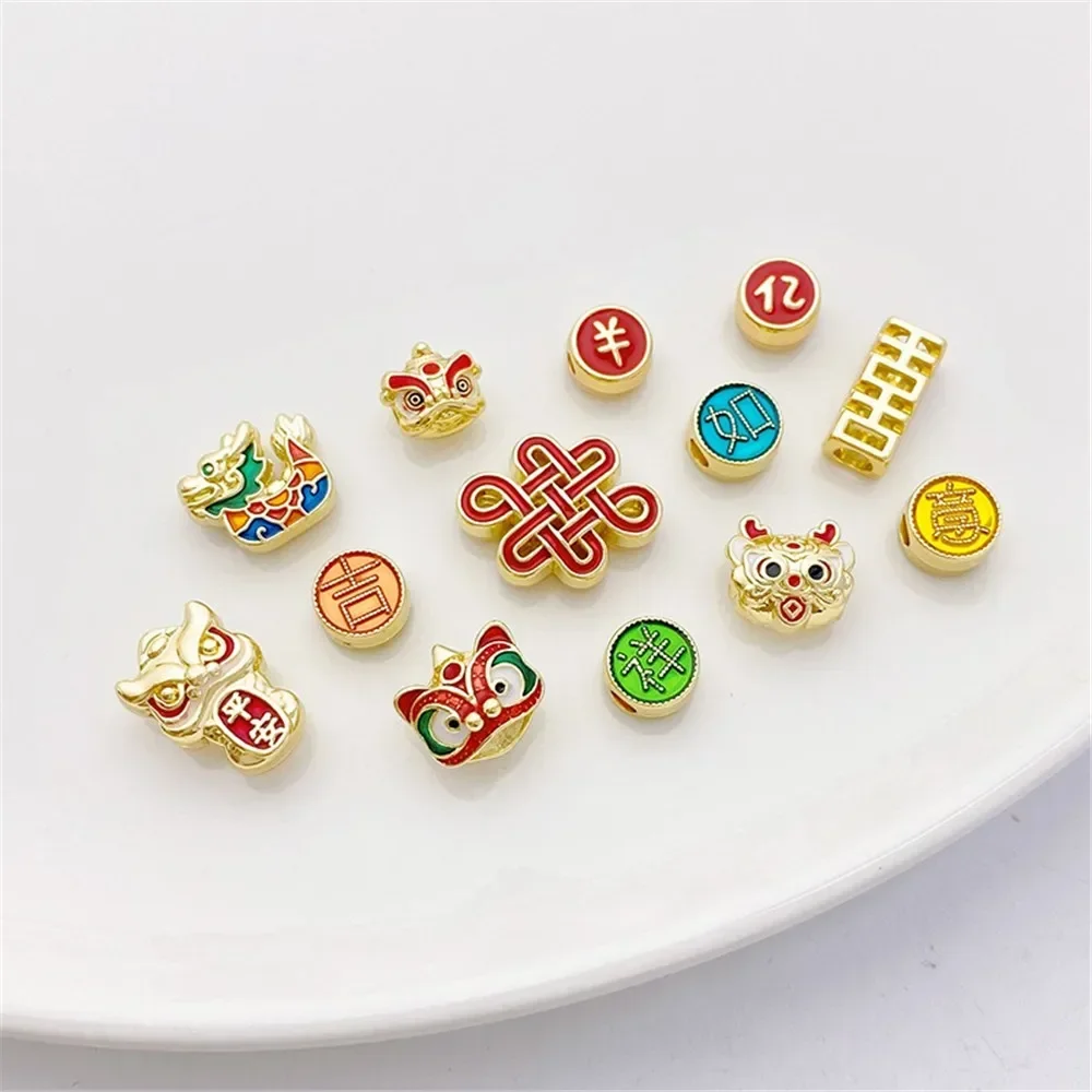 New Year's 14K Gold-wrapped Auspicious Lion Dance Chinese Knot Bead DIY Bracelet Necklace Jewelry Material Accessories
