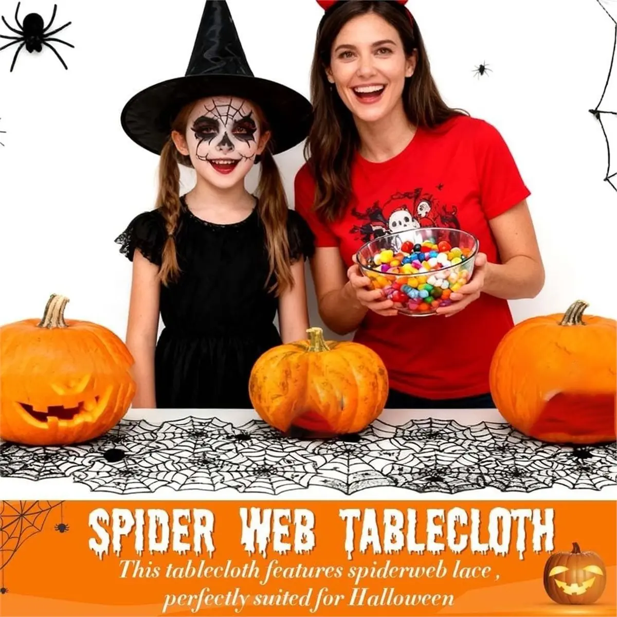2Pcs Halloween Table Runner, Black Lace Spider Web Table Runner 13x72Inch for Dining Table, Mantel, Counter, Party