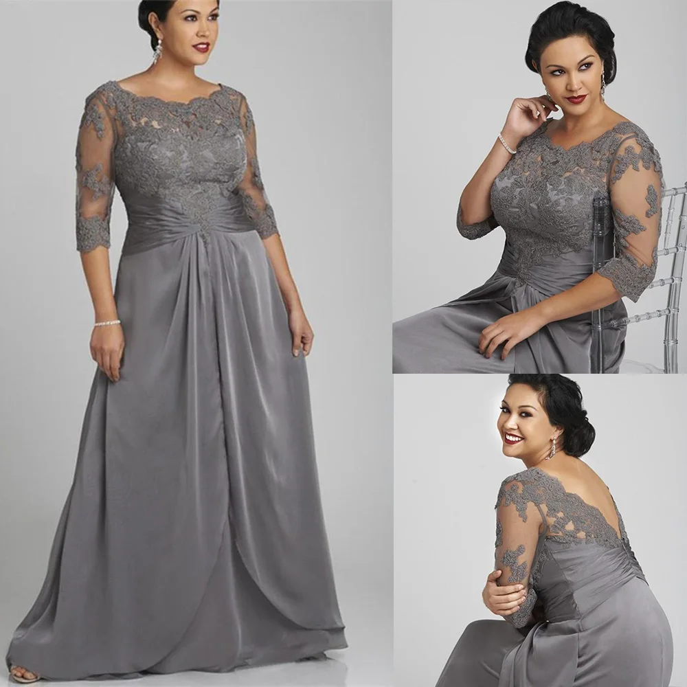 

Popular Style Plus Size Gray Mother of the Bride Dress 3/4 Sleeve Scoop Neck Lace Chiffon Floor Length Formal Gowns Custom