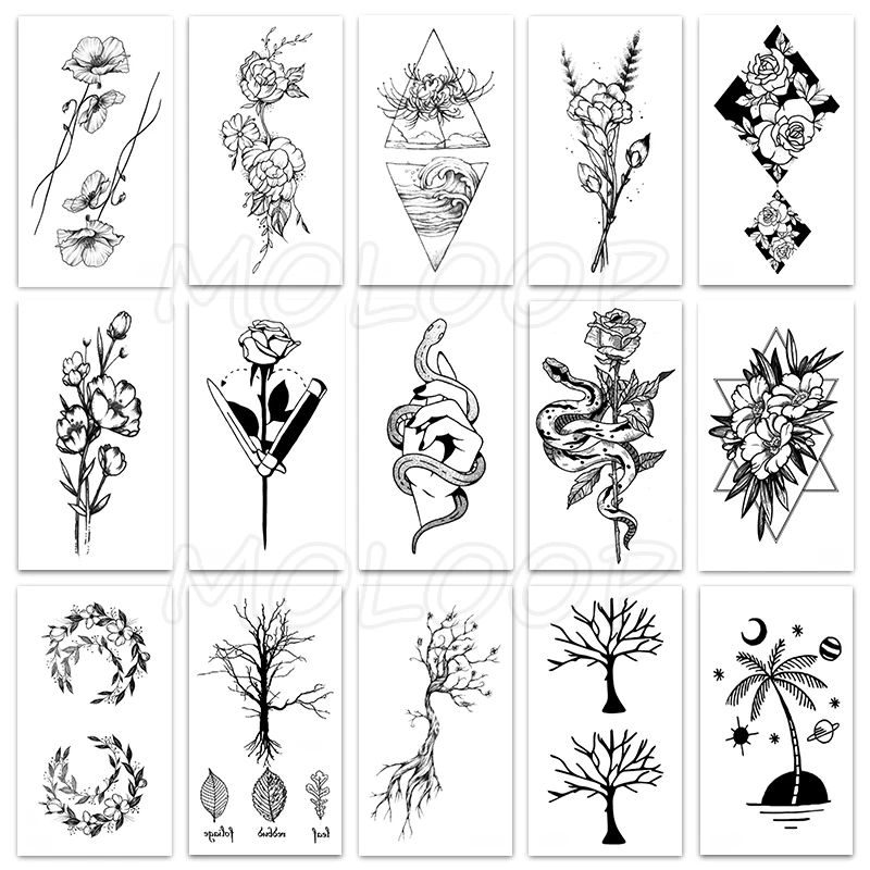 Waterproof Temporary Tattoo Stickers Black Somnus Flower Plant Small Size Tatto  Flash Tatoo Fake Tattoos for Man Kid Girl Women