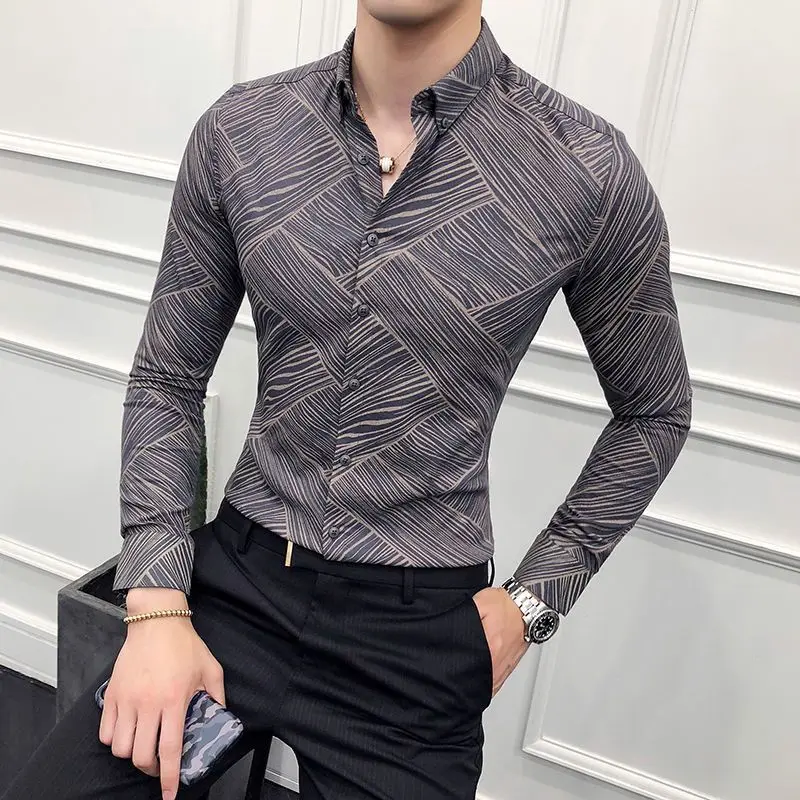 ​Men's Slim Fit Long Sleeve Shirt New Non Iron Printed British Style Spring Summer Business Casual Top​