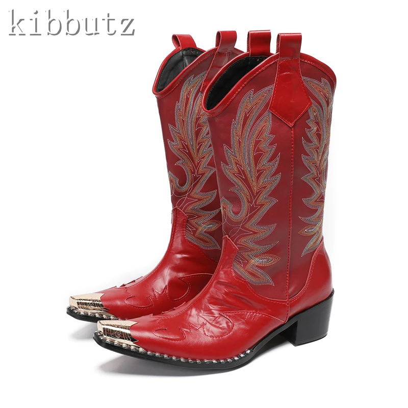 

Autumn Winter Men Mid Calf Boots Genuine Leather Embroidery Chunky Heels Slip On Cowboy Boots Design Square Toe Chelsea Boots
