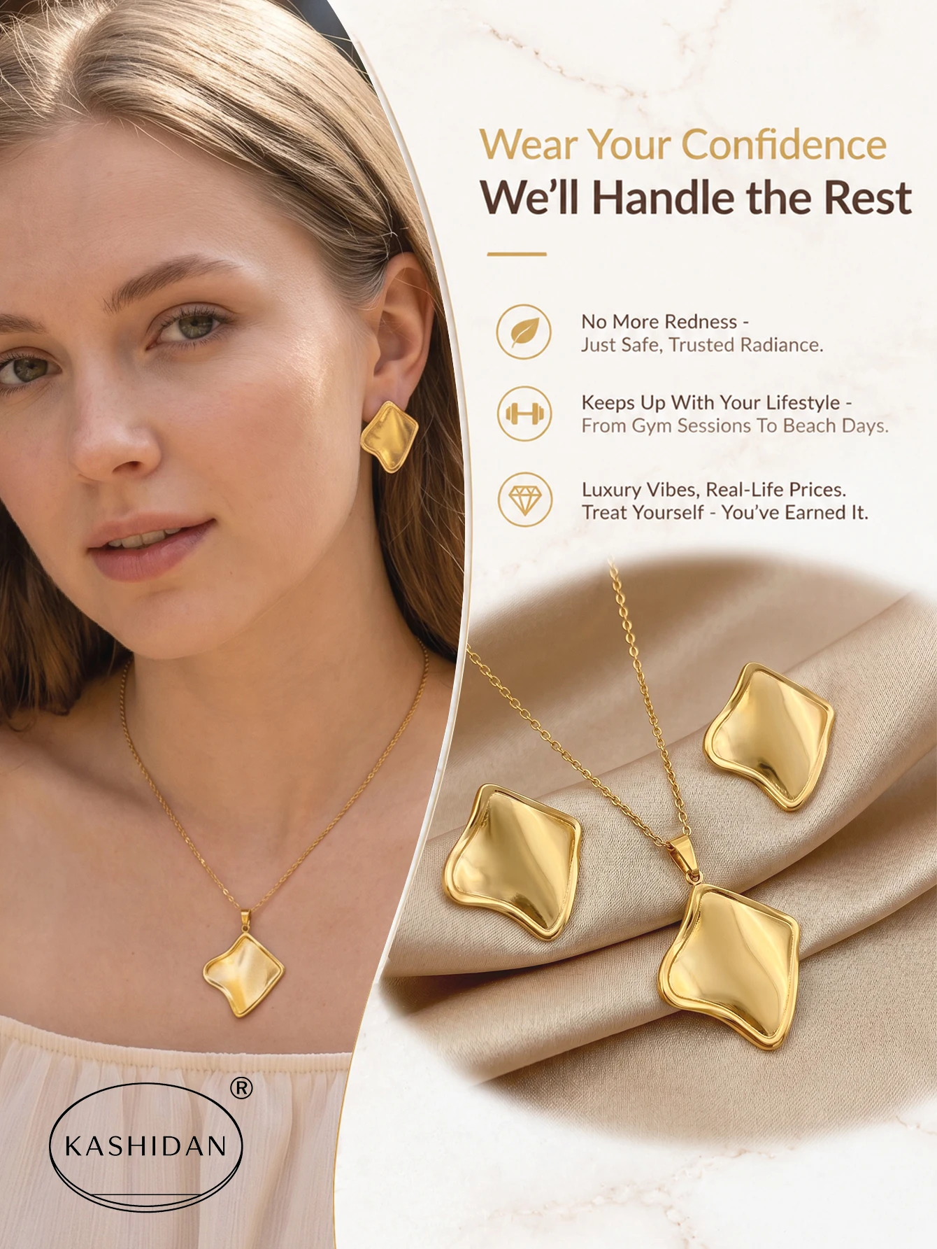 Fashion Stainless Steel Jewelry Set for Women Irregular Brushed Rhombus Pendant Necklace Wavy Square Stud Earrings