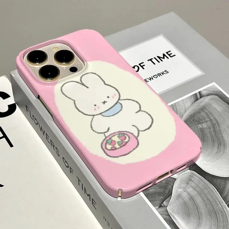 Cute Strawberry Rabbit Phone Case for iPhone 16 15 14 13 12 11 Pro Max XS XR XSMax 6 7 8 Plus Glossy HD Hard PC Cover