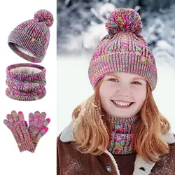 Children Pompom Beanie Scarf Full Finger Gloves Kit Knitted 5-12 Years Kids Beanie Winter Kids Hat Full Finger Gloves Kit