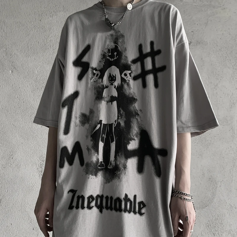 Anime Diablo Devil Girl Print Short Sleeve T-shirt Men's Women Couples Oversize High Street Gothic Punk Top Tshirts