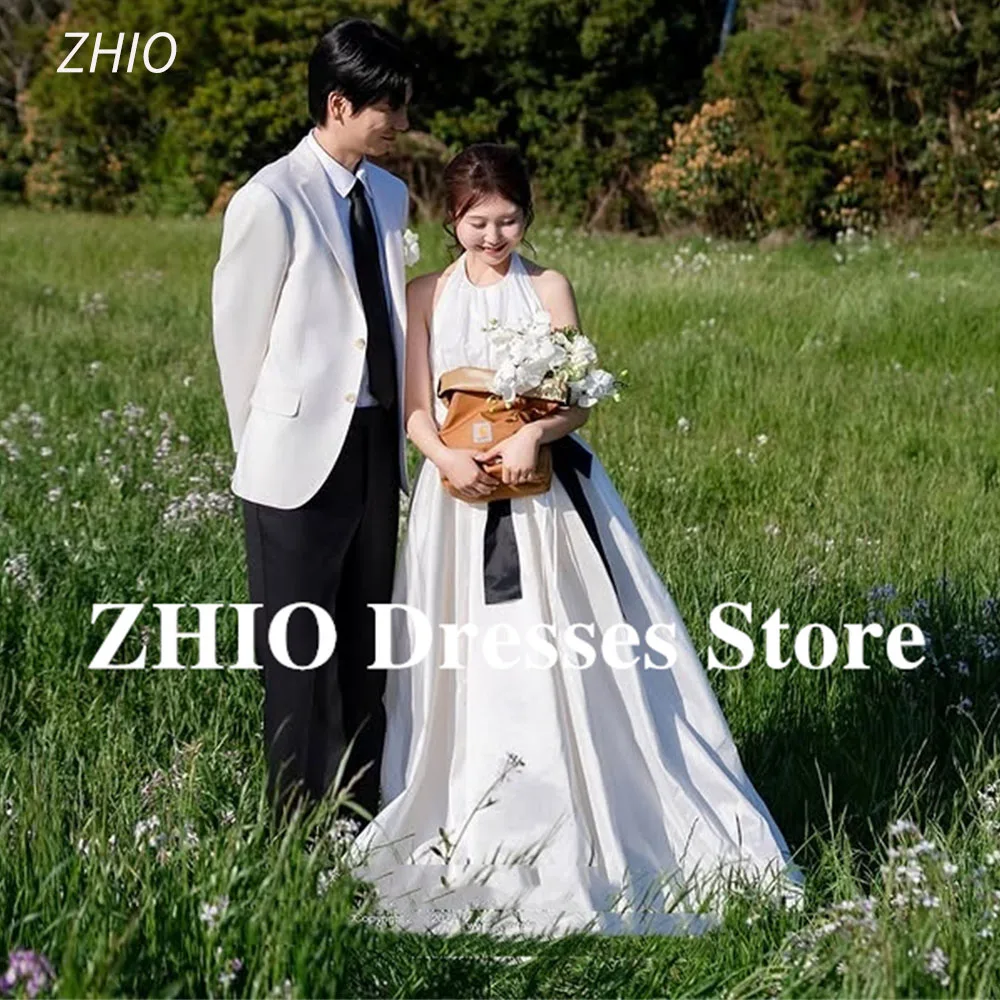 

ZHIO Simple Black Bow Halter Korea Wedding Party Dress A-line Floor-Length Taffeta Photo Shoot Bridal Gown Customized 웨딩드레스