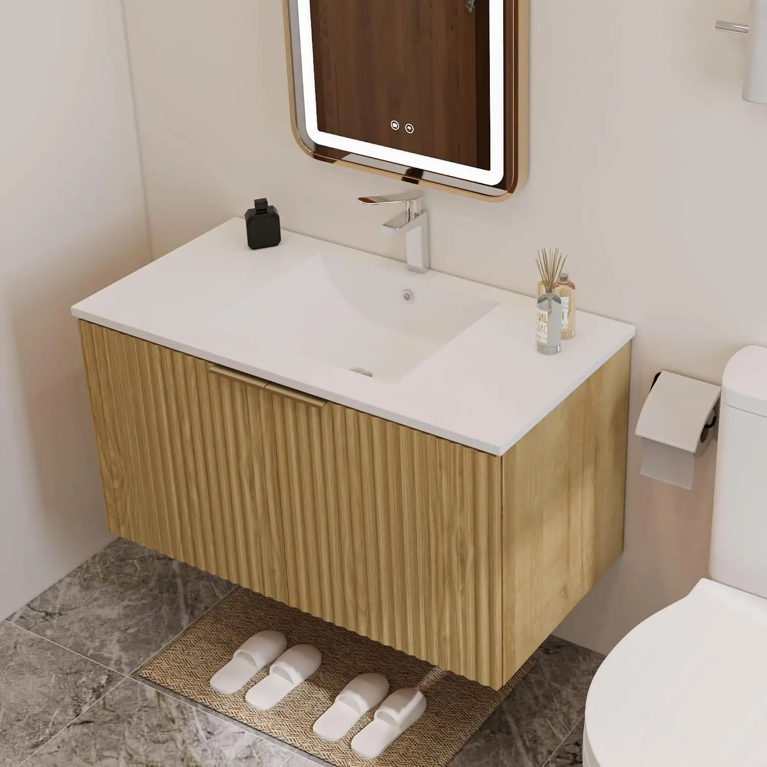Modern Floating Bathroom Vanity With Wavy Textured Doors Wall Mounted Storage Cabinet Soft Close Hinges Ceramic Sink Basin Organizer For Home Restroom Nature view 3