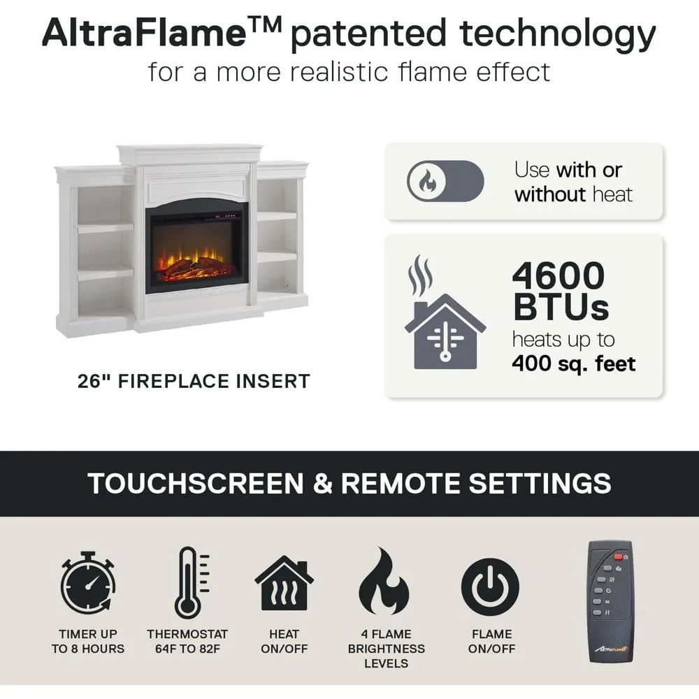 Lareira elétrica de polegadas com lareira, prateleiras, aquecedor de inserção de lareira substituível, controle remoto, temporizador, tronco realista