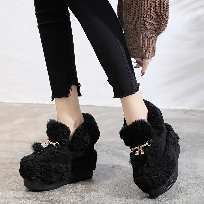 Fujin 12.5cm Synthetic Platform Wedge Fur Autumn Winter Plush Warm Ankle Boots Super High Elegant Fashion Ladies Luxury Shoes