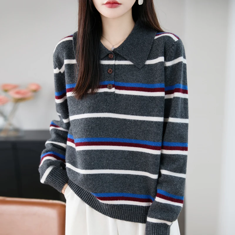 

Yoyoselect 100% мериносовая шерсть женский полосатый пуловер с отложным воротником свитер осень-зима модный повседневный кашемировый трикотаж