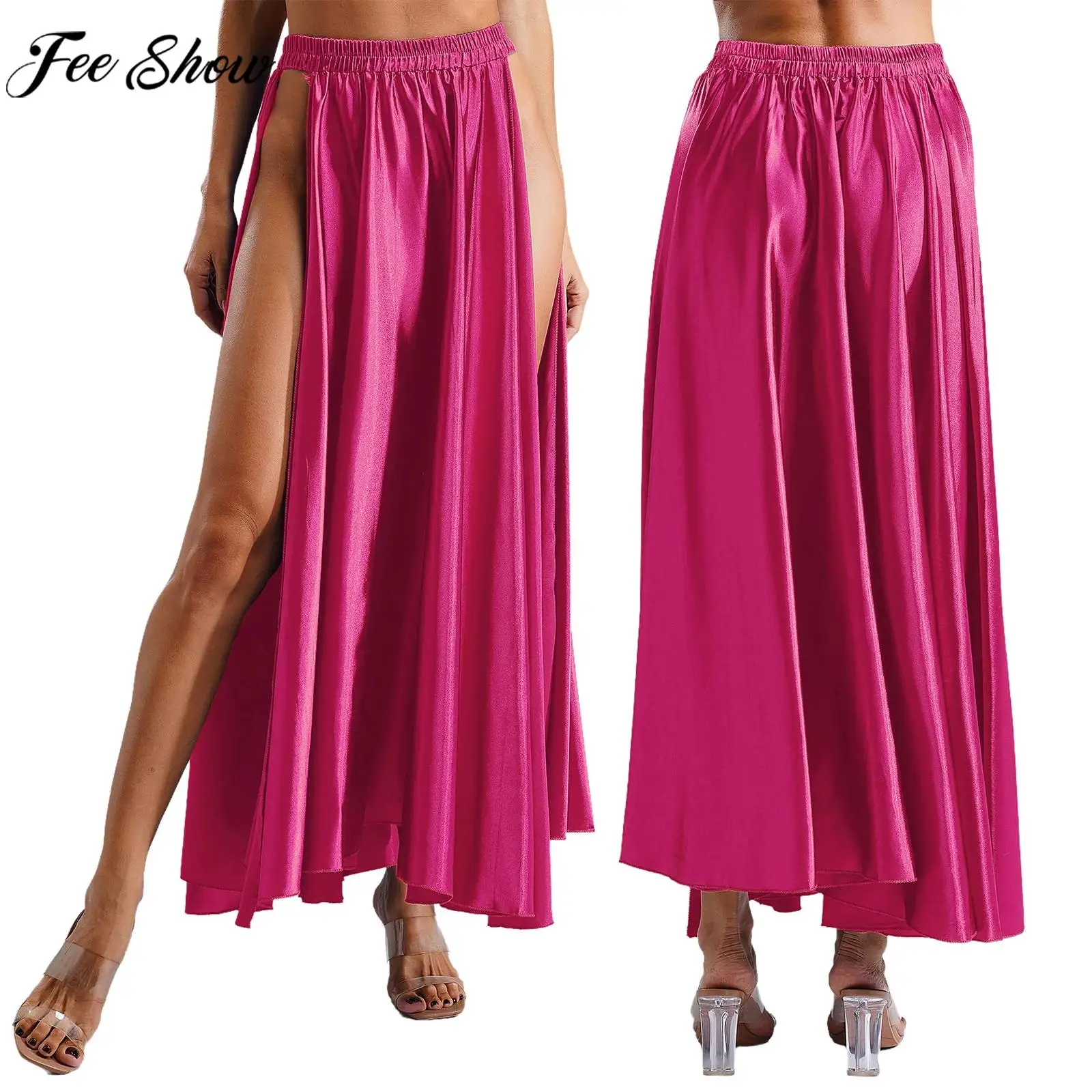 Women Modern Lyrical Dance Skirt Spanish Paso Doble Bomba Flamenco Ballroom Dancewear Side Slit Solid Satin Swing Maxi Skirts