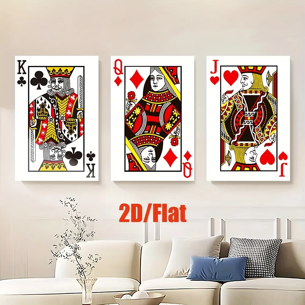 3pcs frameless Canvas Painting (No frame)2D Flat Set of 3 Flat 2D Canvas Artworks Without Frames, Featuring a Queen of Spades Pl