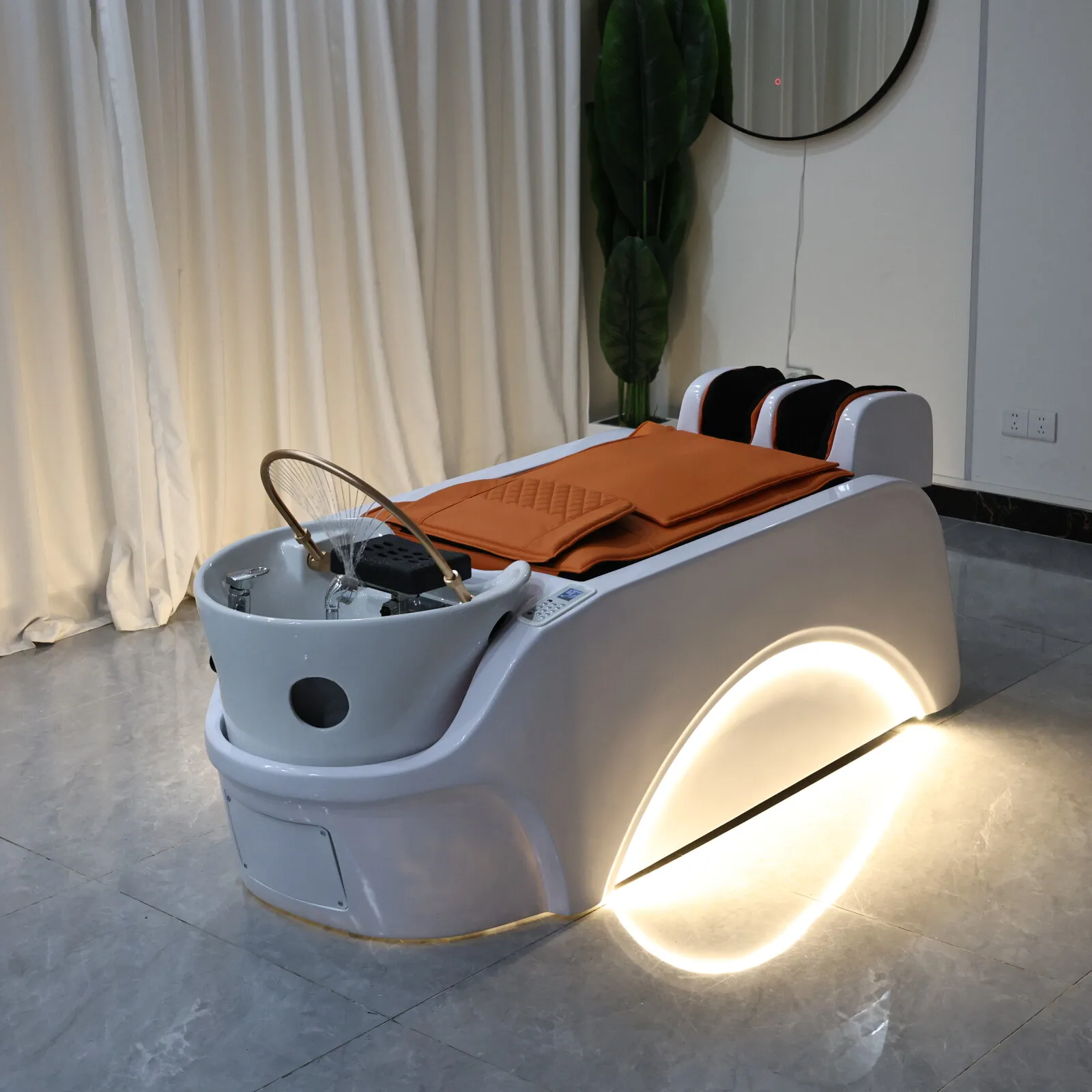 !@！@Professional Modern Salon Shampoo Bed with Air Bag Massage Ceramic Basin Adjustable Footrest for Hotel & Gym Use