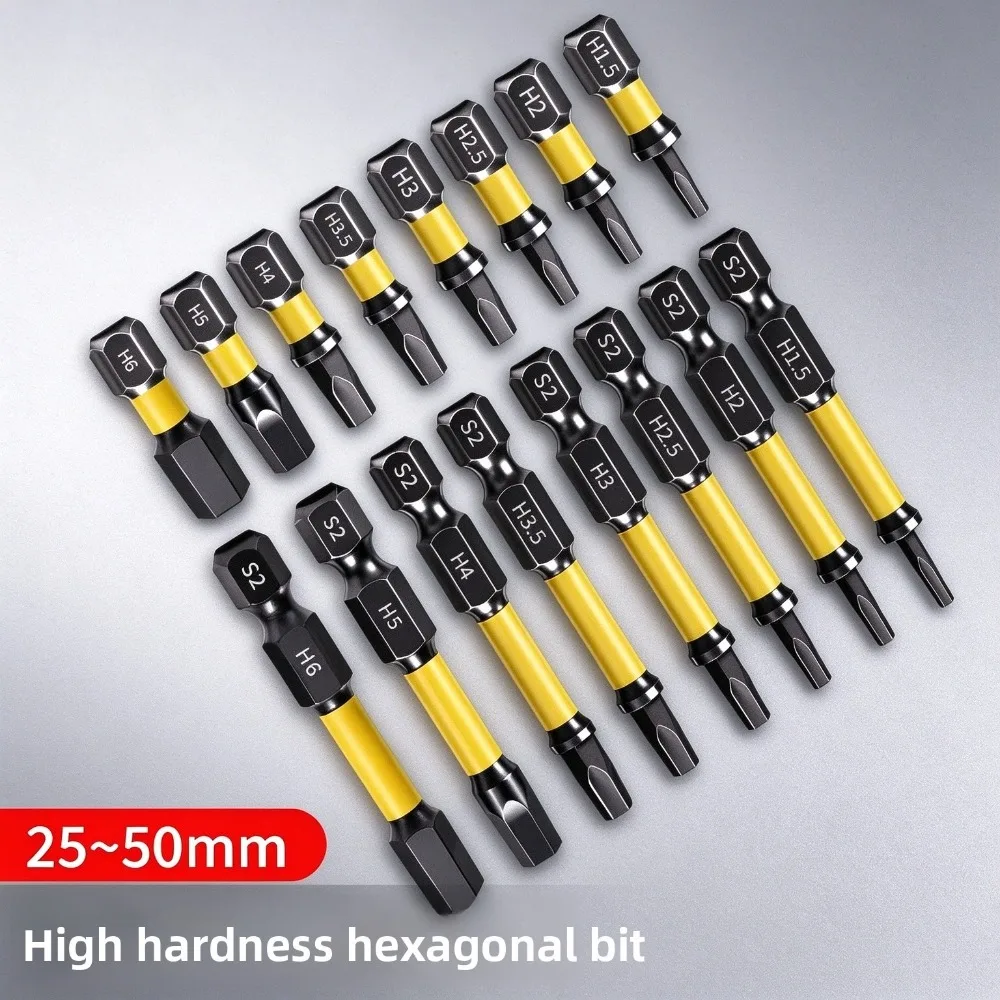 8pcs S2 Steel High-Strength Yellow-Coated 50mm Hex Bit Set H1.5-6 1/4 Hex Shank Electric Screwdriver Impact Insert Bits