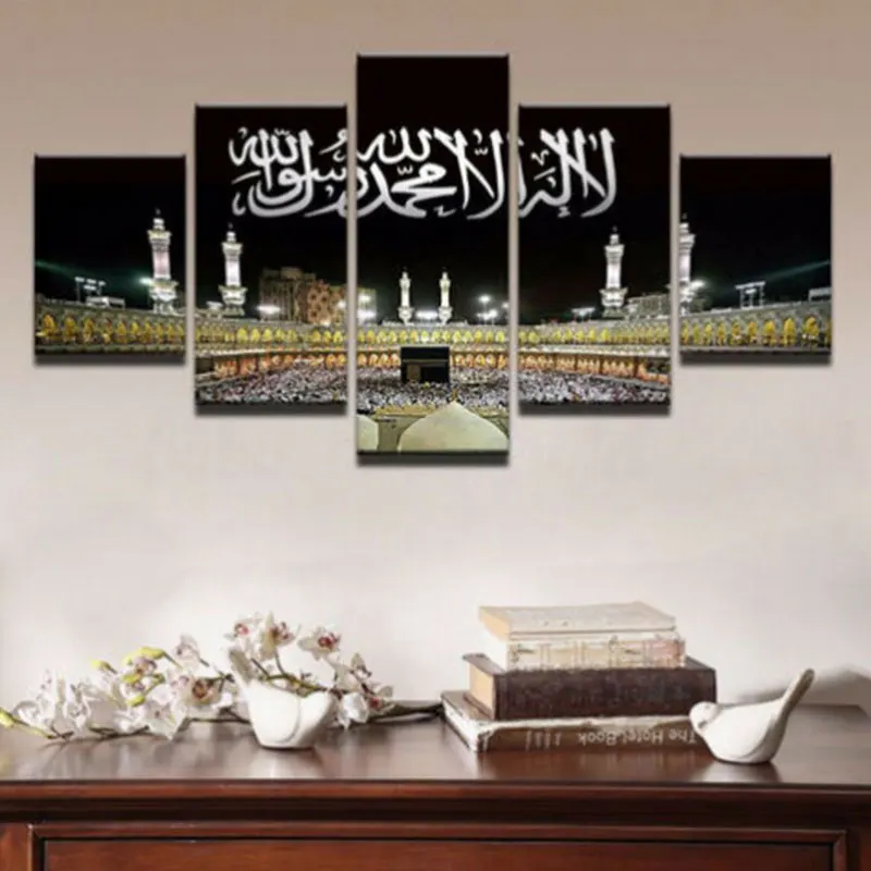 Mecca Hajj Islamic Muslim Calligraphy Canvas Prints Painting Wall Art Decor 5 Panel Pictures Poster Home Decor No Framed