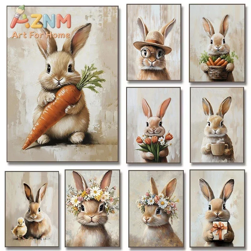 Vintage Cute Easter Bunny Spring Flower Animal Rabbit Carrot Art Poster Prints Canvas Painting Wall Picture for Room Home Decor