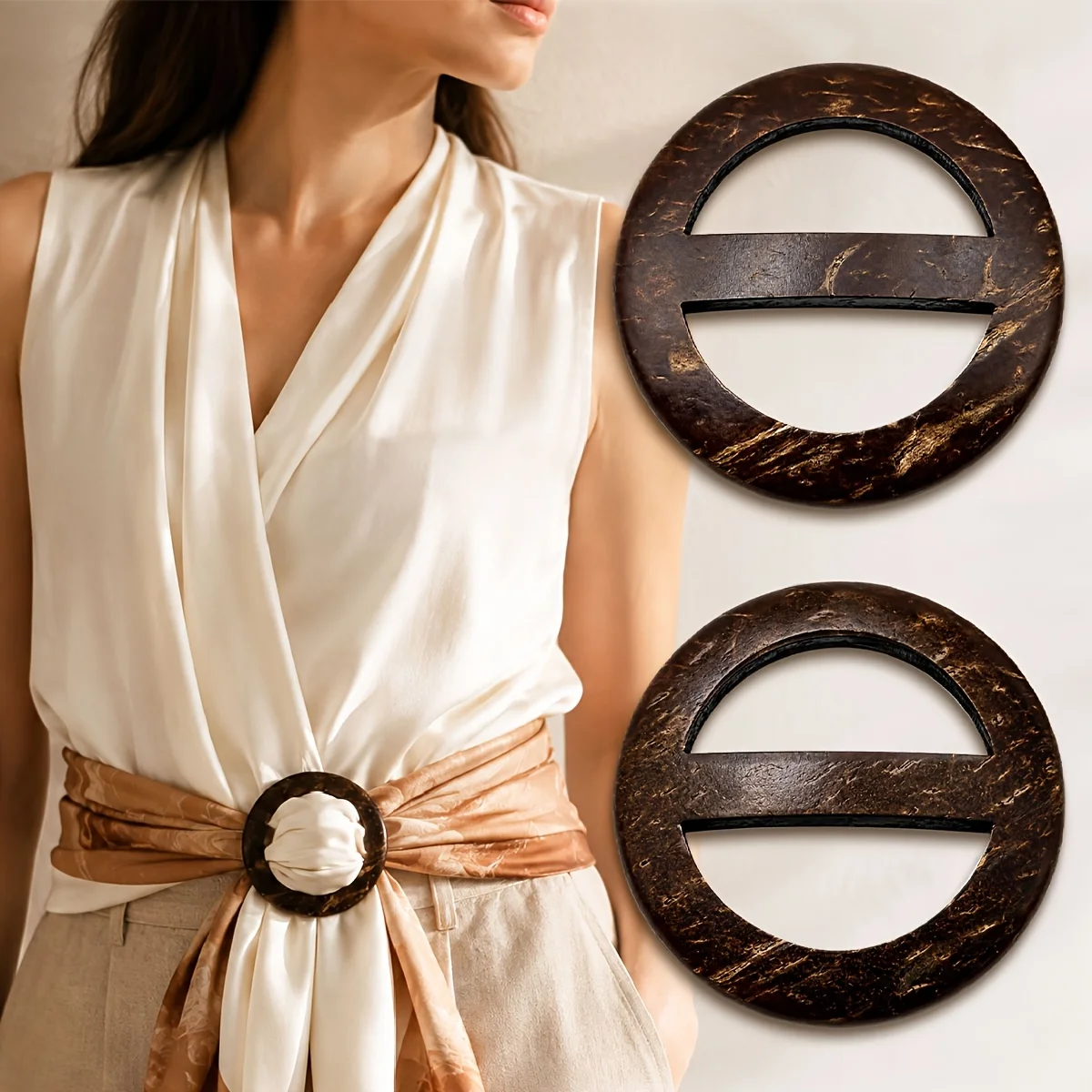 2pcs Coconut Shell Scarf Buckle, Round Sarong Ring Clip for Shawls, Dresses, T-Shirts, Beach Wraps and DIY Clothing Accessories