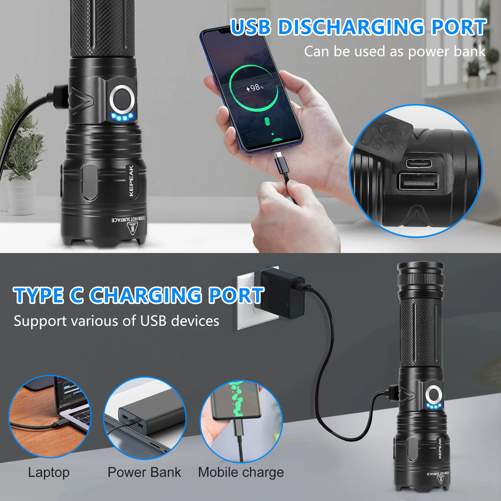 Portable Strong Light Long Range LED Flashlight USB Rechargeable 26650 Battery Outdoor Tactical Zoom Super Bright Torch Light