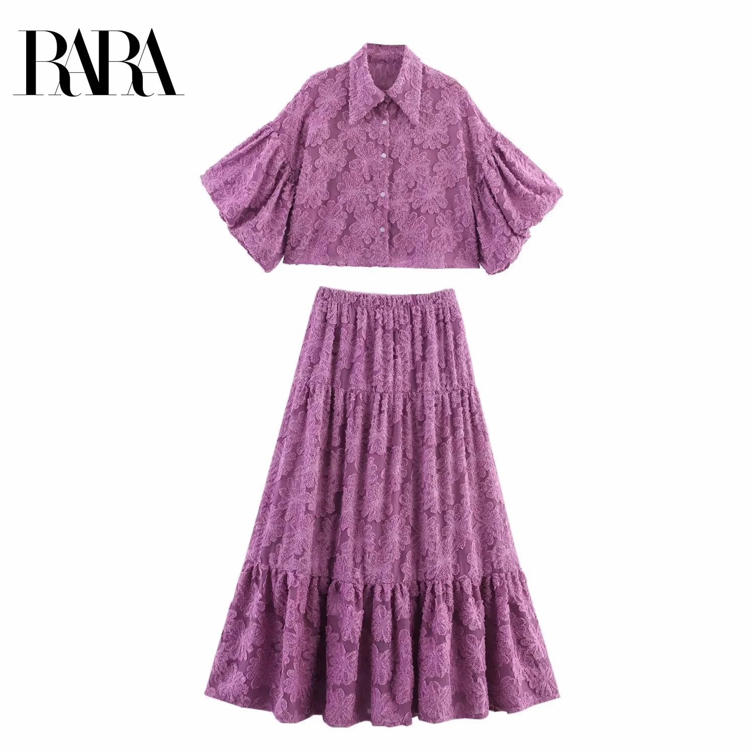

RARA2025 new summer women's clothing sweet textured flower bubble short-sleeved top + layered decorative high waist skirt