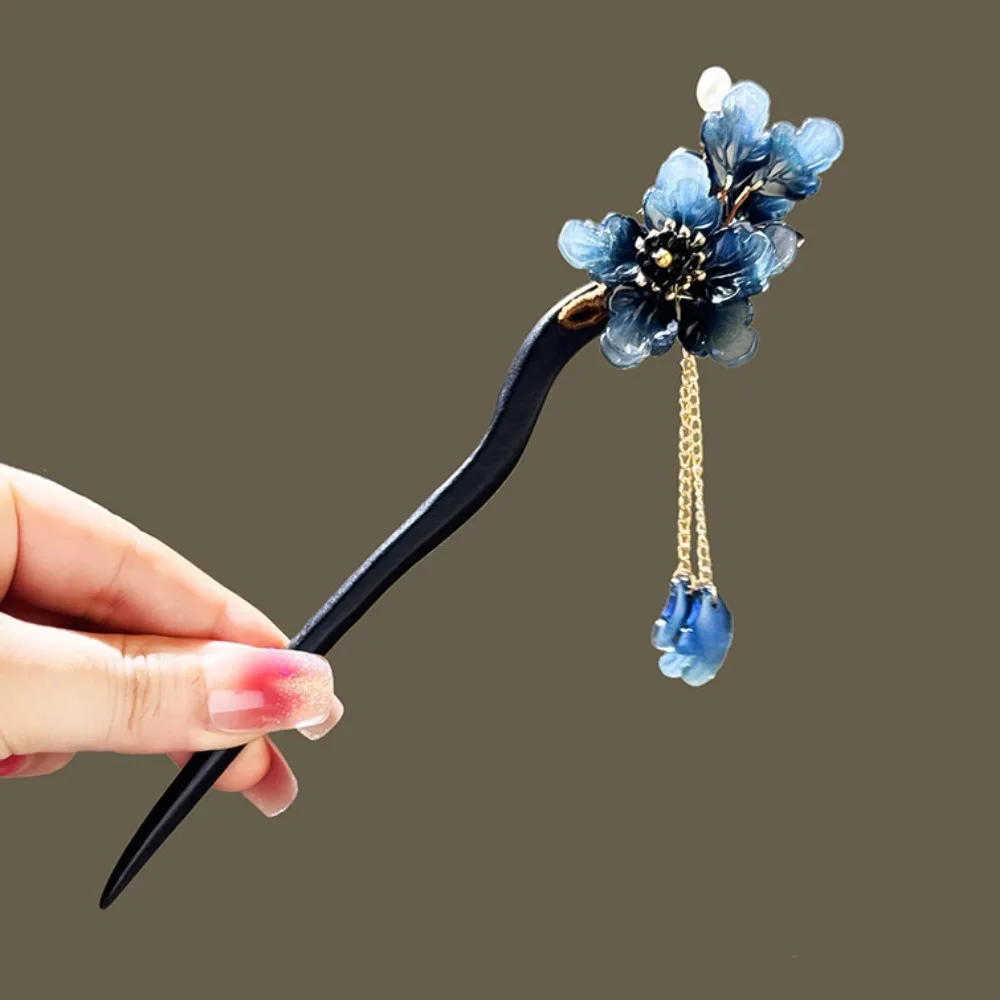 Hairpin Chinese Style Flower Hair Sticks Handmade Vintage Hair Chinese Tassel Wooden Hair Forks Hanfu Hair Bun for Hanfu Party