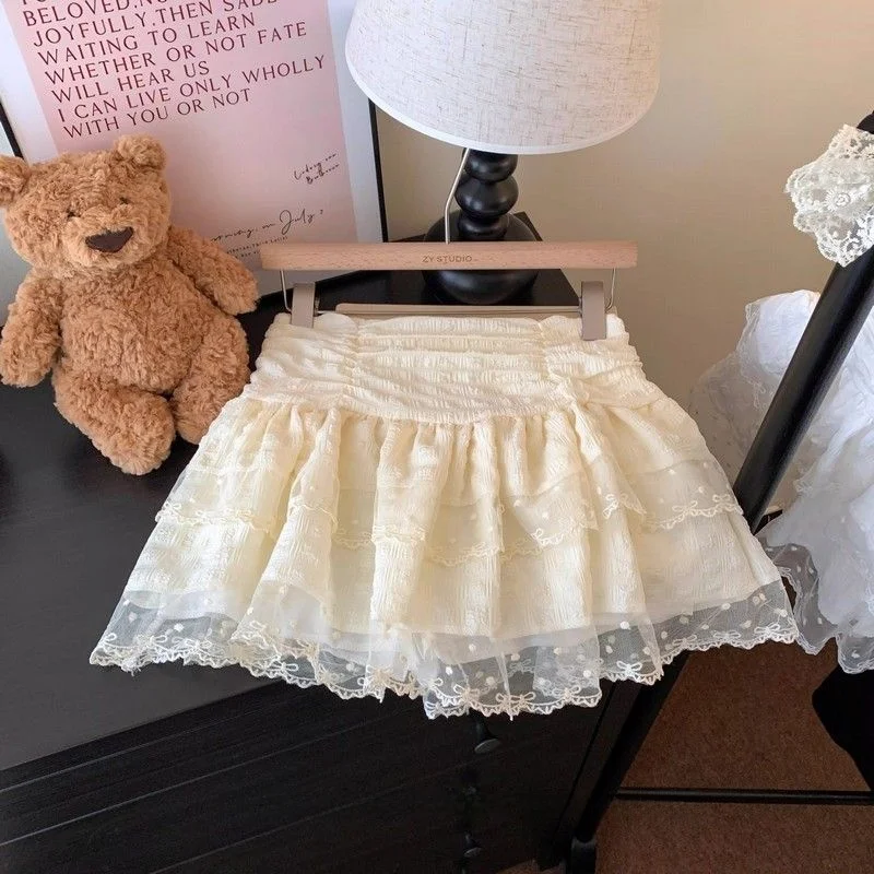 White Ballet Style Lace Cake Skirt High Waist Fluffy Half Skirt Women's Summer Small Princess A-Line Short Skirt