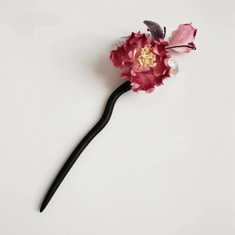 Chinese Non-Inheritance Velvet Flower Red Peony Hair Clip Hanfu Style Hairpin for Women Bridal Vintage Hair Stick Ancient Craft