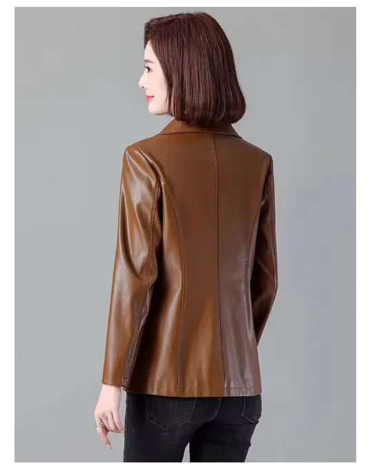 New Women Leather Jacket Spring Autumn Fashion Suit Collar Single Breasted Slim Blazer Solid Leather Long Sleeve Coat