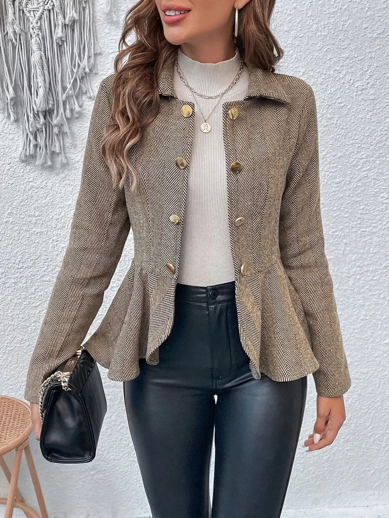 Women's Lapel Suit Jacket Jacquard Ruffle Edge Slim Fitting Jacket Fashion Double Breasted Temperament Office Women's Jacket