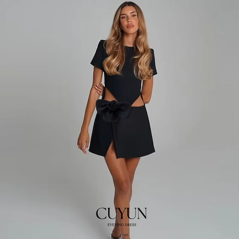 CUYUN Black Mini Prom Dress Short New Sexy Slit Vestido De Fiesta Cap Sleeves With Flower Cut Out Birthday Dress Customized