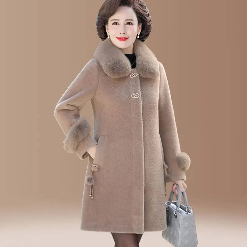 

NEW Middle aged Mother Fur Coat Winter Jacket Women Double-faced Fur Warm Overcoat High-end Grandmother's Woolen Coat Outcoat5XL