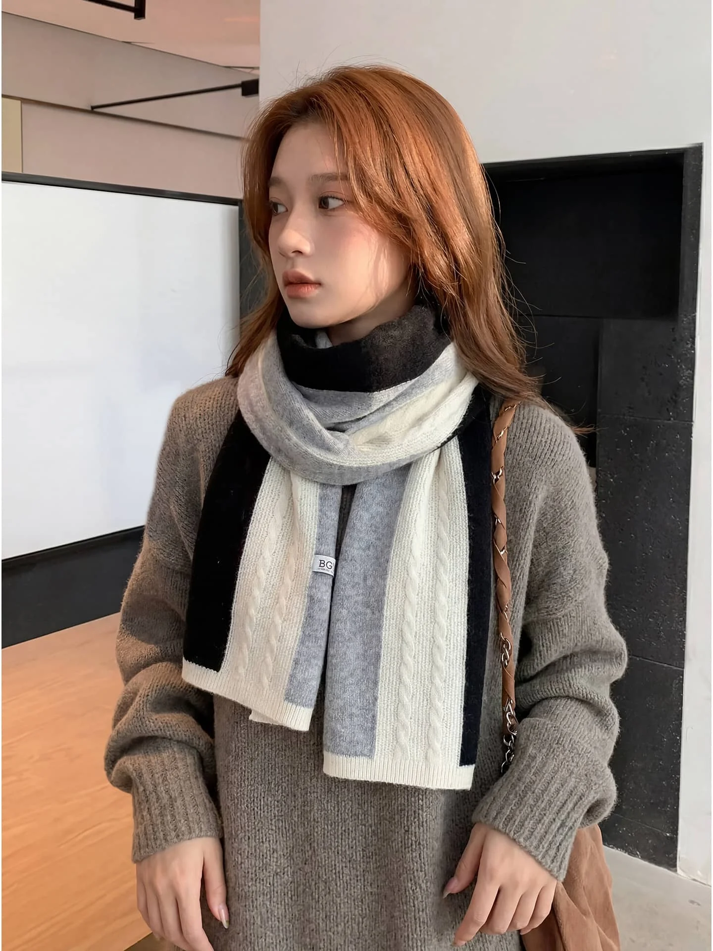Merino 100% Wool Women's Scarf Color Blocked Autumn Winter Soft Casual Fashionable Cashmere Knitted Scarf