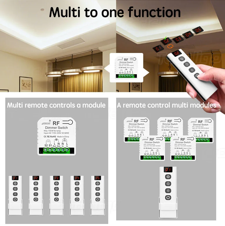 433Mhz Wireless Dimmer Light Switch Remote Controls AC 110V 220V Adjustable Brightness Controller for 10~150W LED and Halogen
