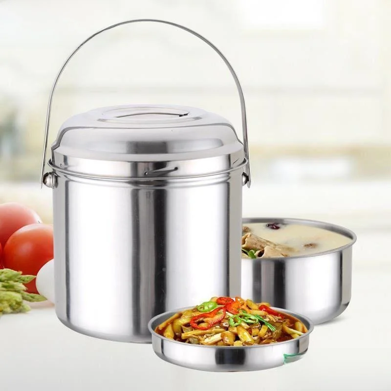 Stainless Steel Portable Soup Pot Large Capacity Sealed Carry-On Multi-Layer Handheld Bucket Korean Style Dining Utensils