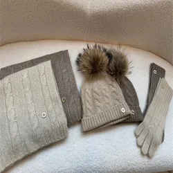 Cashmere Knitted Scarf and Fox Fur Hat and Gloves for Women, 3 Piece Set, Keep Warm for Winter