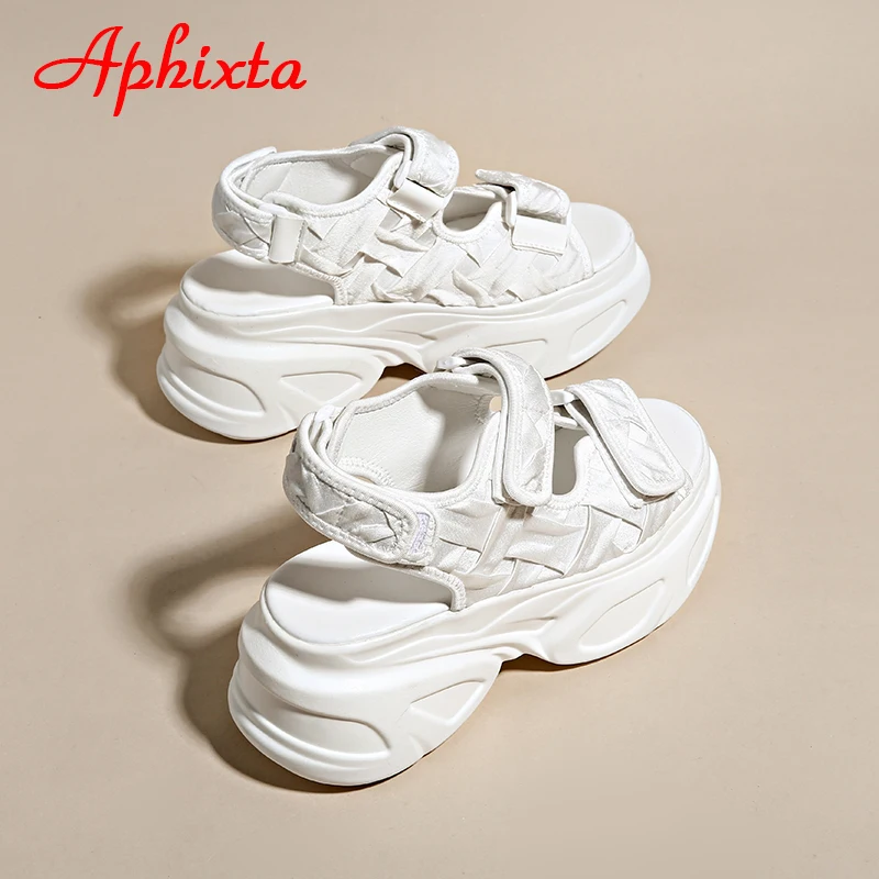 Aphixta Summer 7.5cm Platform Sandals Women Wedge Heels Shoes Adjustable Hook & Loop Silk Fabrics Cool Beach Slides Plus Szie 42