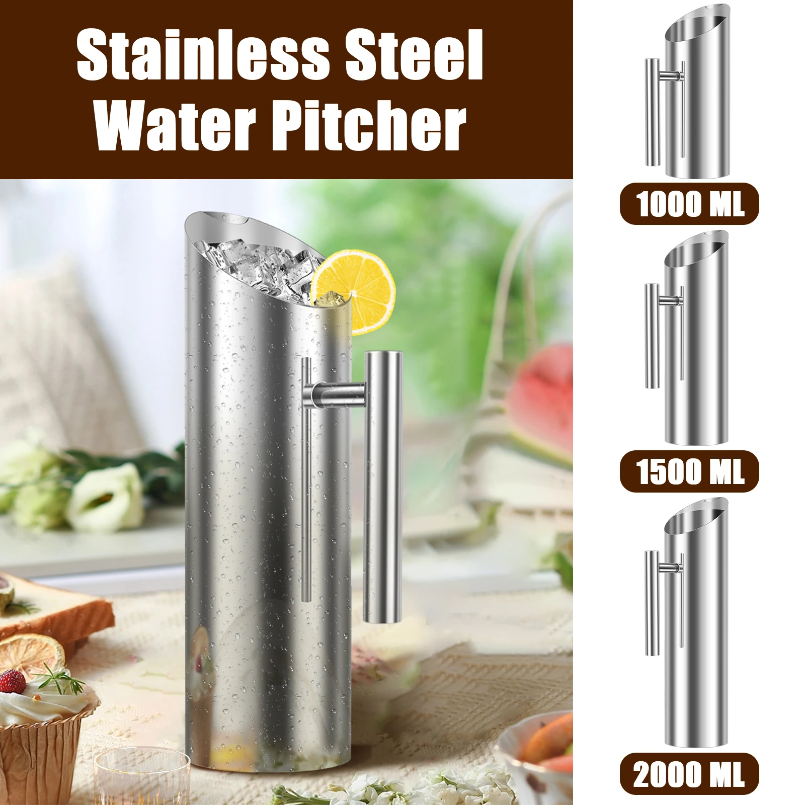 Stainless Steel Water Pitcher Carafe with Ice Guard and Handle 1L/1.5L/2L Water Pitcher Jug Rustproof Pitcher Container Polishe