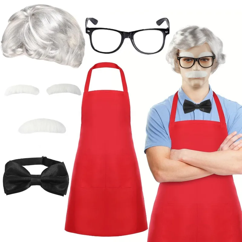 

Sanders Colonel Suit Red Apron Bow Glasses White Hair Eyebrows Halloween Stage Performance Cosplay Wig High Temperature Silk