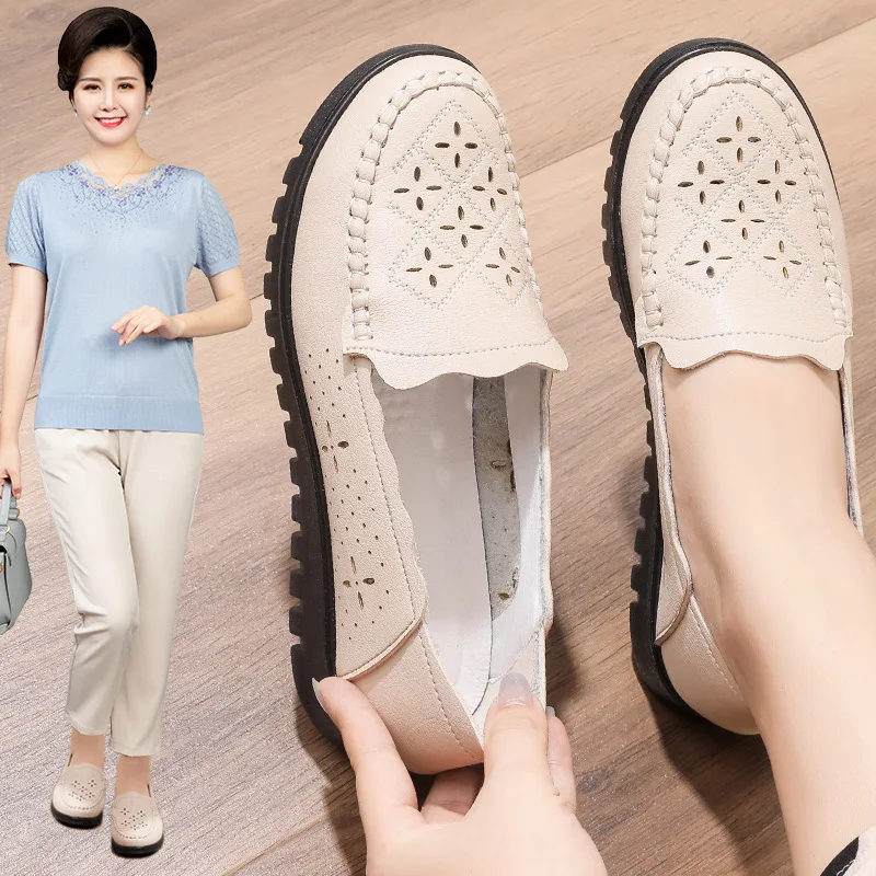 Spring Leather Woman Comfortable Flat Shoes Ladies Outdoor Slip On Soft Breathable Shoes Women Soft Sole Non Slip Breathable