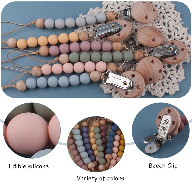 Beech Wood Chew Silicone Bead Pacifier Clips Dummy Chain Holder Newborn Soother Chains Nipple Holder Baby Teething Toys Gifts