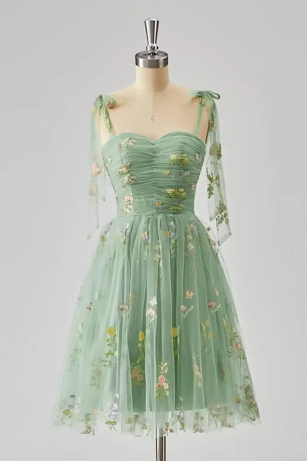 Women's Puffy Sleeve Prom Dresses Flower Embroidery Tulle Formal Evening Dress Ruched Wedding Party Gowns Girls Homecoming Gown