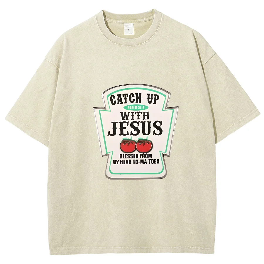 Catch Up With God Y2k Short Sleeves Washed T-Shirt, Creative Printed Unisex Vintage Streetwear New Fashion Casual Tops Plus-Size