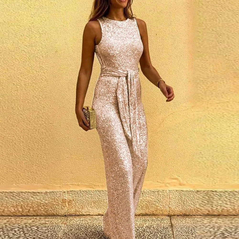 Sequin Jumpsuit Women Sleeveless Loose Glitter Straight One Piece Outfits Backless Lace Up Waist Party Clubwear 2XL 2022