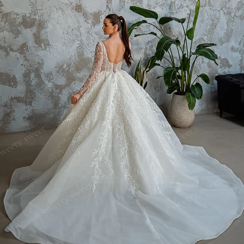 Glitter Wedding Dress Organza With Embroidery Bead Ball Gown Square Collar Full Sleeve Customized Bride Lace Up Vestido De Novia