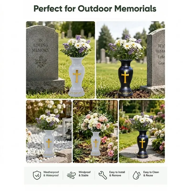 AS60-Outdoor Waterproof Resin Flower Holder For Cemetery Grave Vase Memorial Decoration For Garden Remembrance A