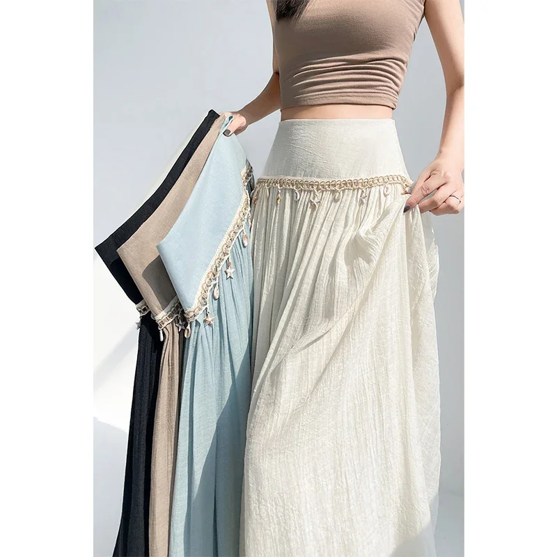 

MEXZT Elegant Linen Midi Skirt Women Vintage Boho Black Pleated Skirts Summer Ladies Korean High Waist Casual A Line Faldas New