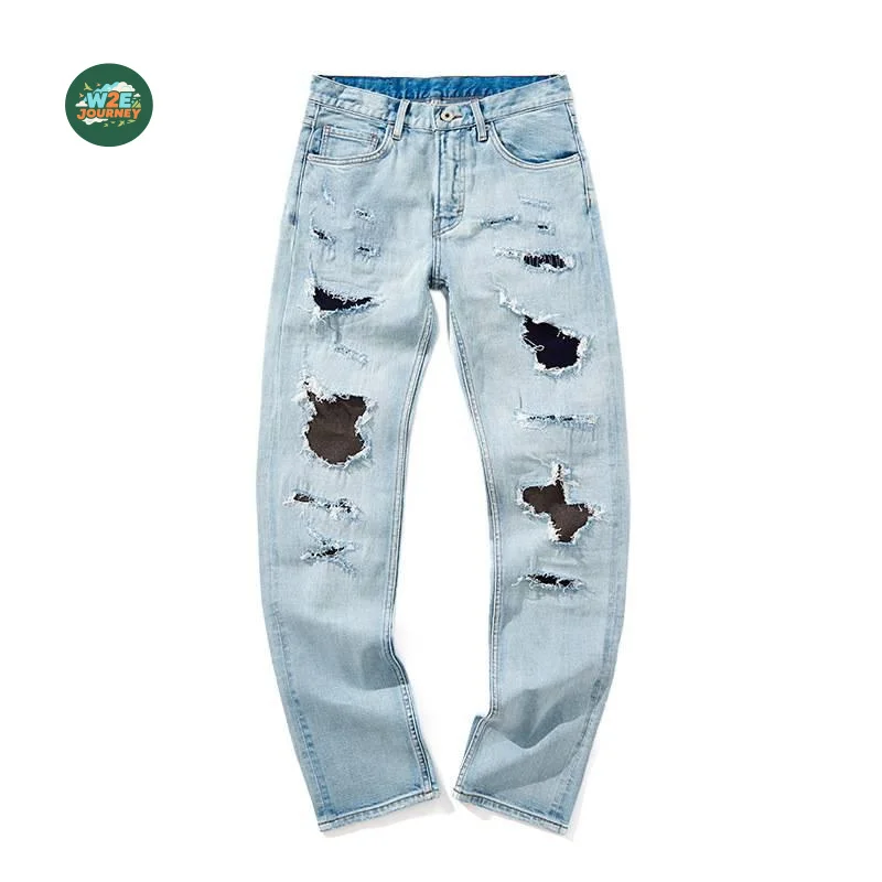 W2EJOURNEY Luxury Quality EU US Size Slim Fit Straight-Leg Slightly Stretchy Rips Patches Washed European American Denim Pants