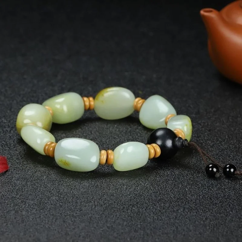 Hetian-pulsera de piedra rugosa, cuero de infusión rojo, Guijarro, Jade blanco