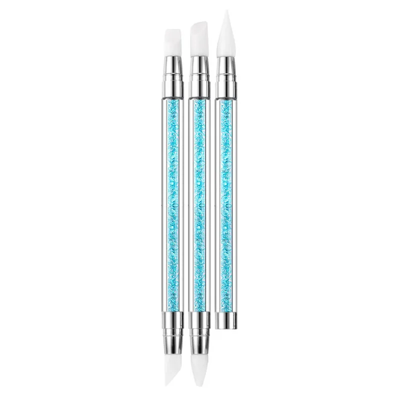 Stylo de Sculpture de tête en Silicone à 2 voies, strass bleus, poignée en acrylique, outil de manucure pour Nail Art, gaufrage, artisanat, vernis, 3 pièces